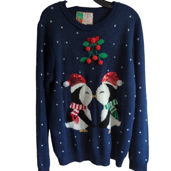 Christmas Cute Ugly Sweater Size L Penguins Holiday Party-lp - Picture 1 of 12